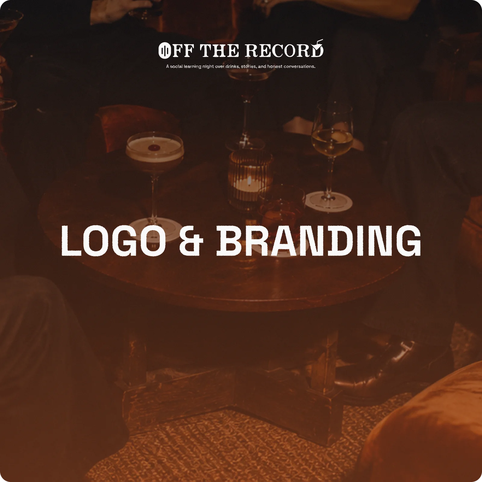 Off the Record — logo and branding key visual over the low-lit bar table