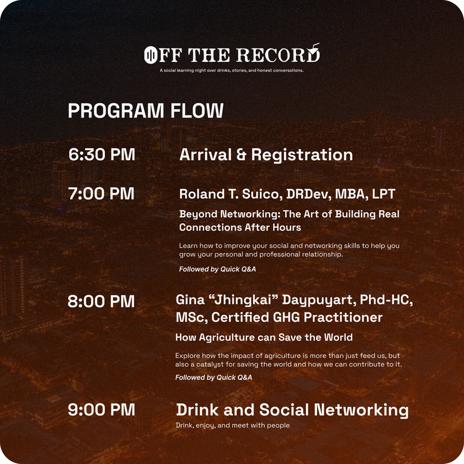 Off the Record — program flow post for the night