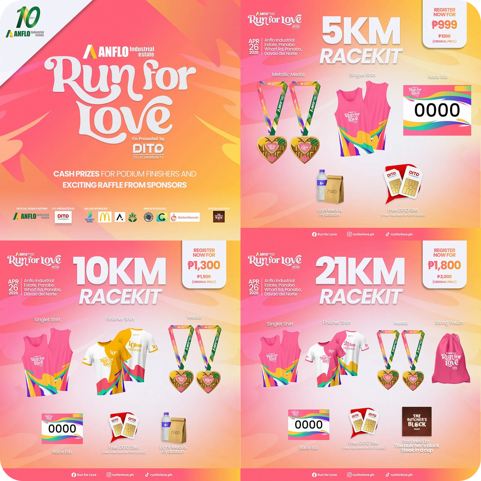 Run for Love — race kit announcement posts across the 5K, 10K and 21K categories