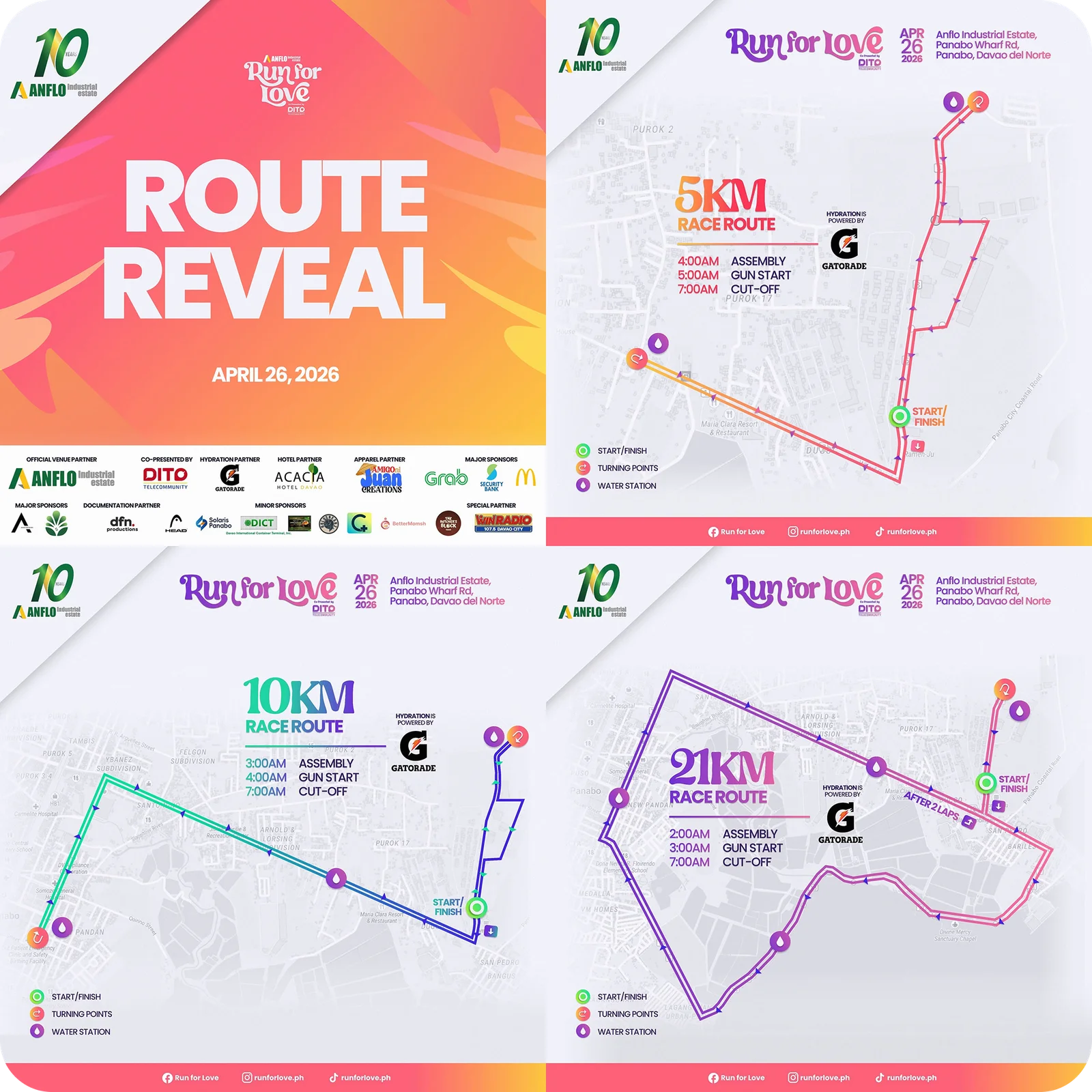 Run for Love — route reveal posts for the 5K, 10K and 21K categories