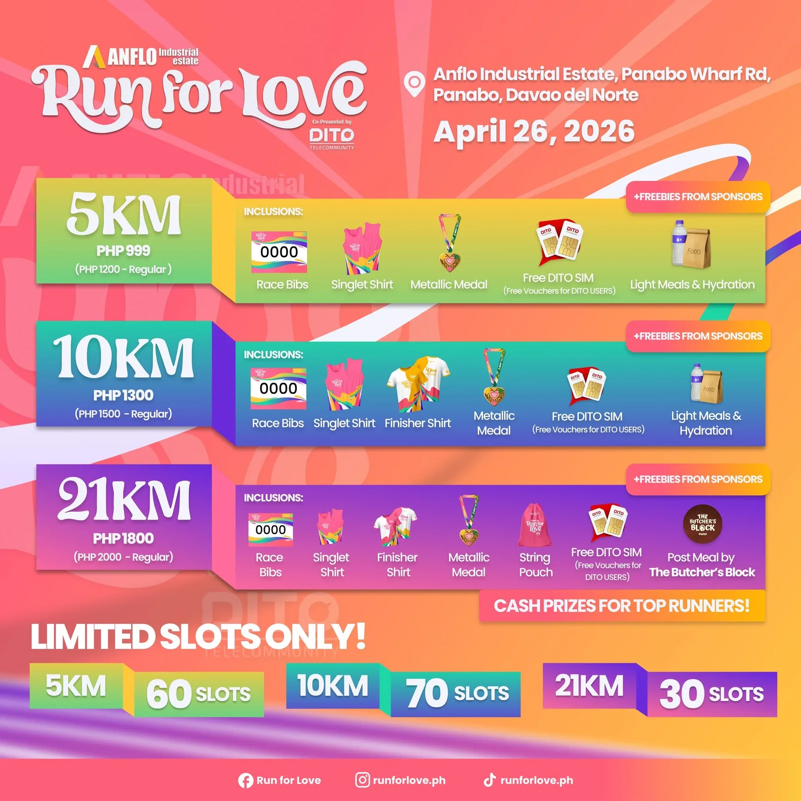 Run for Love — race kit inclusions layout across the 5K, 10K and 21K categories