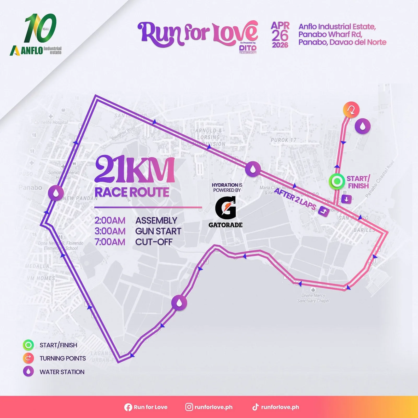 Run for Love — 21K race route map design, a two-lap course